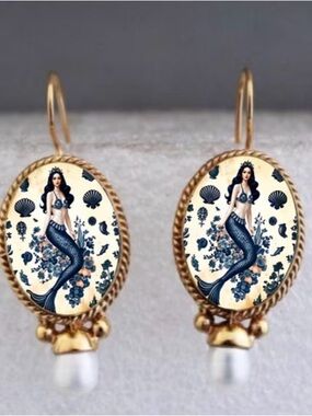 Gold-Tone Mermaid Drop Earrings with Blue Detail
